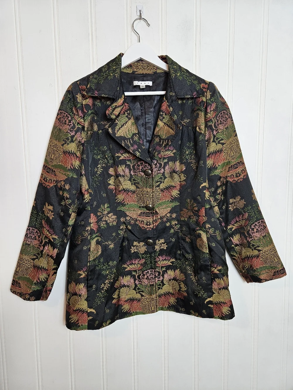 CAbi Blazer Size L Chenoise #704 Chinoiserie Floral Tapestry Jacquard Black Gold